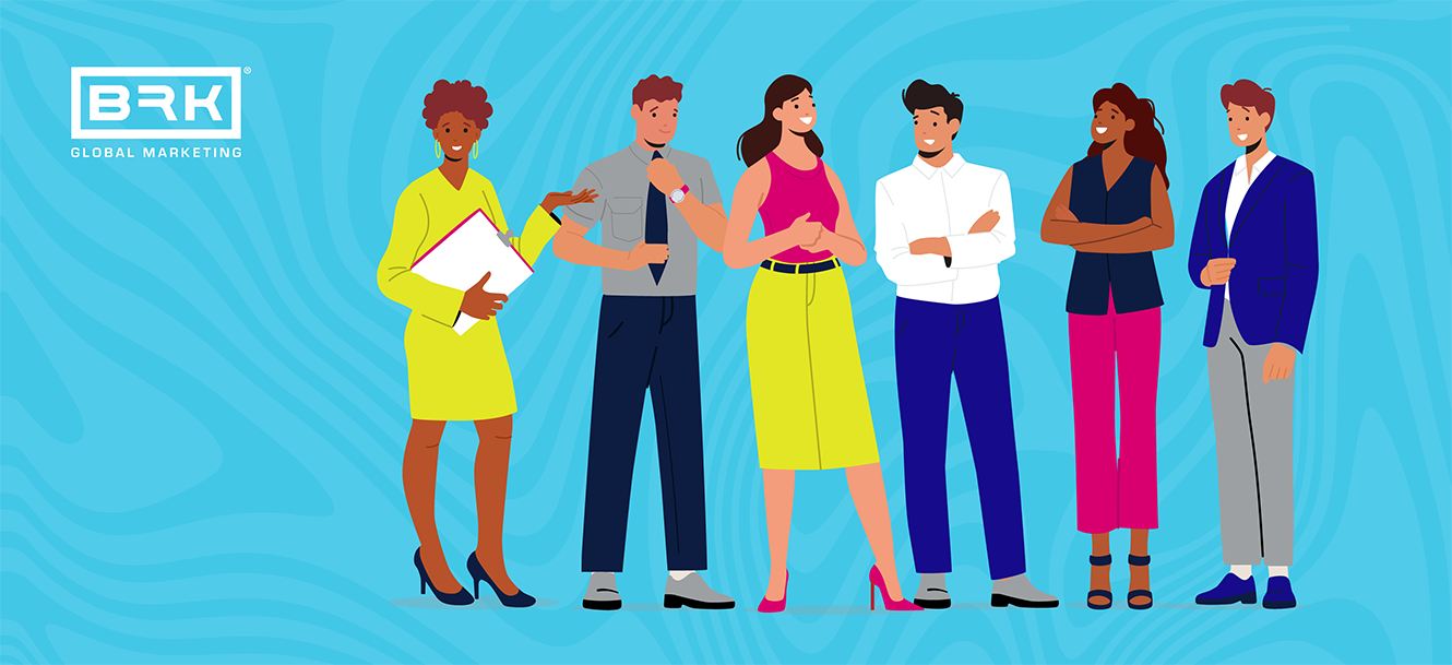 A group of business people standing in front of a blue background, demonstrating how to create a thriving business.
