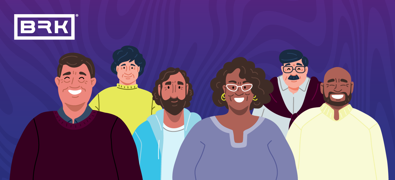 Group of six smiling cartoon people with diverse appearances in front of a purple background with the "brk" logo in the top left corner.