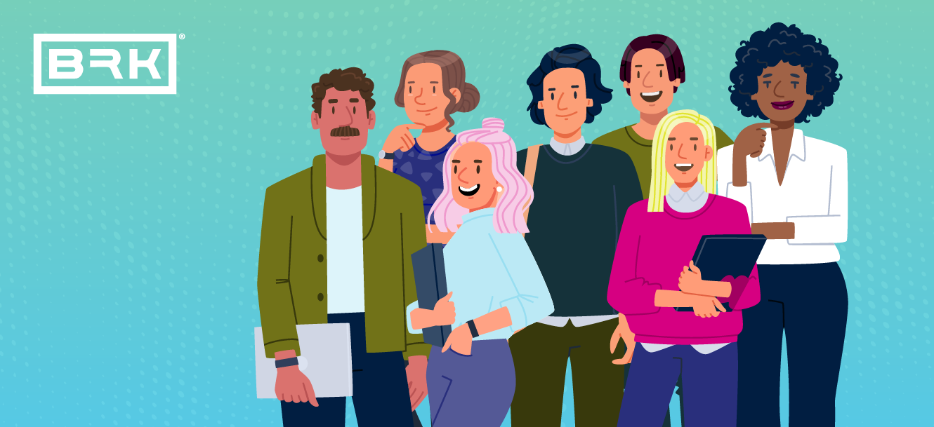 A diverse group of animated characters smiling and posing together, possibly representing a team or company staff, with the acronym "brk" in the upper left corner.