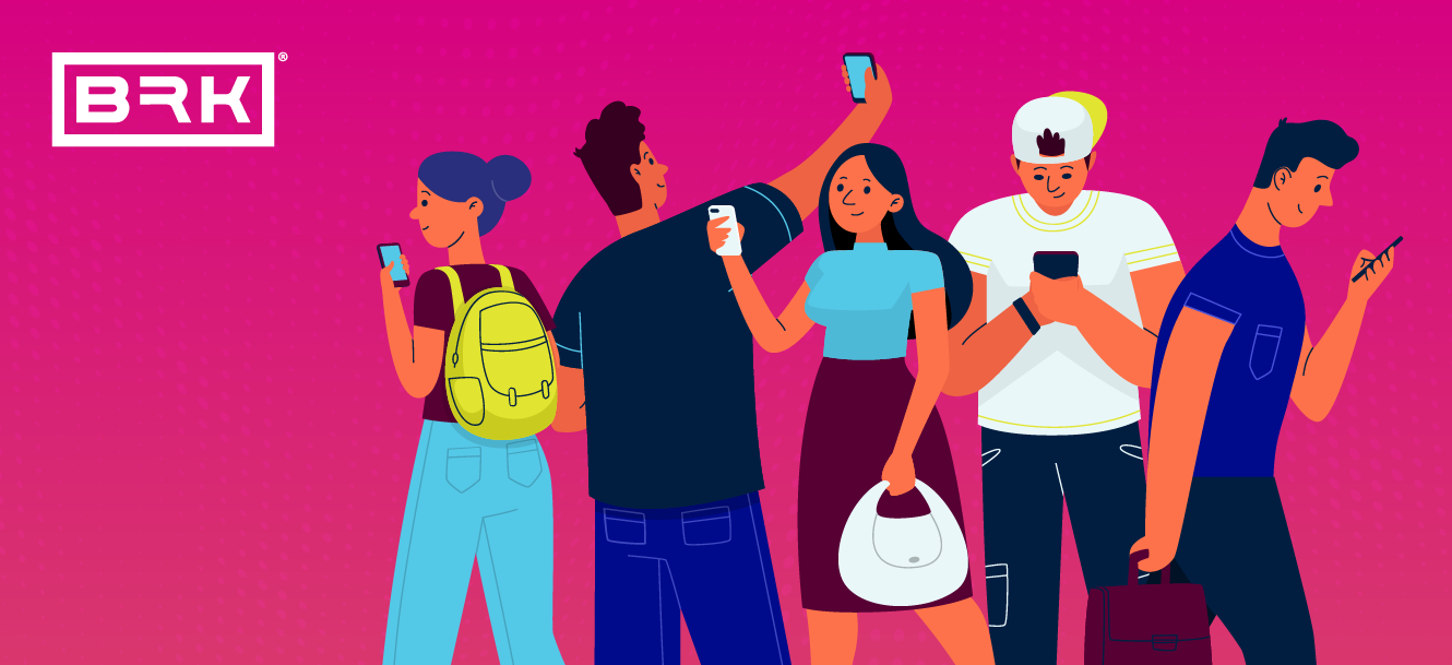 A group of six diverse young adults actively using their smartphones, standing against a pink background with a "brk" logo in the top left corner.