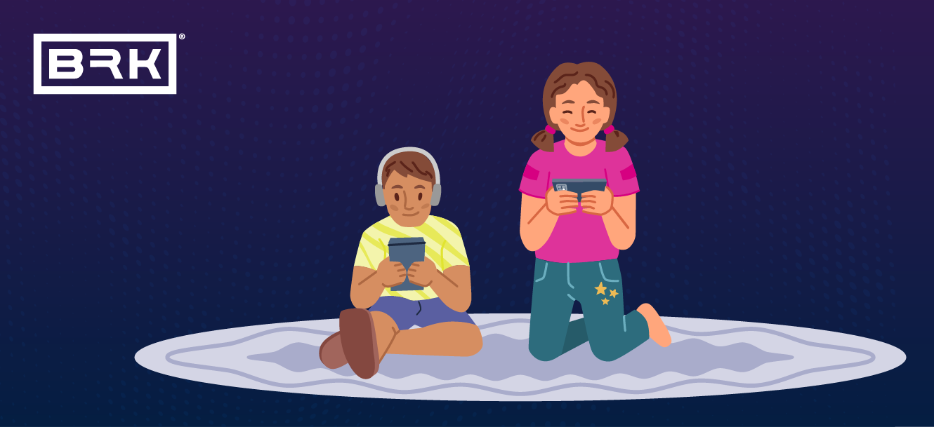 Two children playing on their tablets while sitting on a rug, with a dark blue dotted background and the "brk" logo in the top left corner.