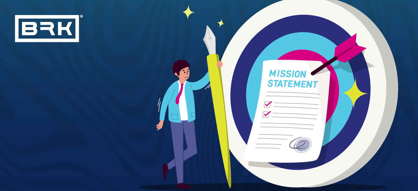 A cartoon of a man holding a large pen next to a "Mission Statement" document on a target, with a BRK logo in the corner.