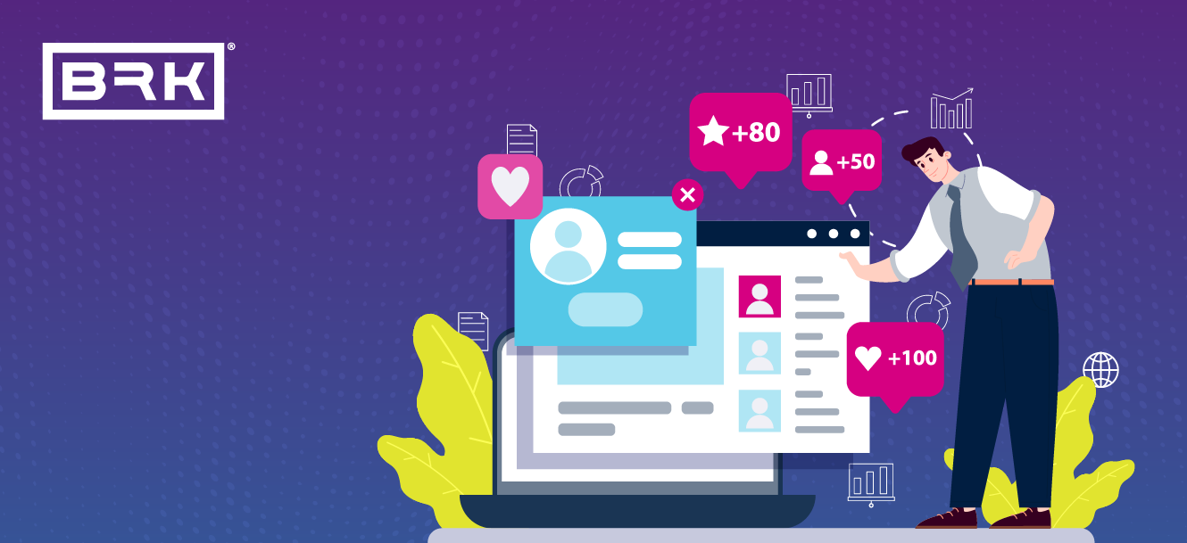Illustration of a person interacting with a large computer screen displaying social media notifications, icons for likes, followers, and comments, against a gradient purple background with a BRK logo. Perfectly highlighting the dynamics of building a personal brand.