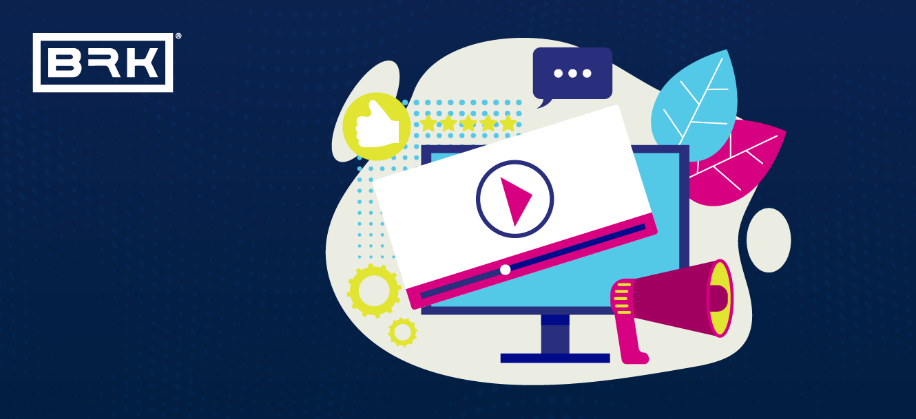 Colorful illustrated banner featuring a computer monitor with a play button, surrounded by various digital marketing icons and the brk logo in the corner.