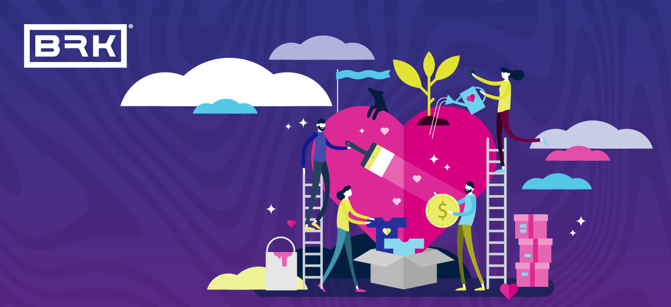 People standing on ladders around a large heart shape, engaging in various activities like planting, painting, and assembling a puzzle, with a purple background and BRK logo in the top left corner.