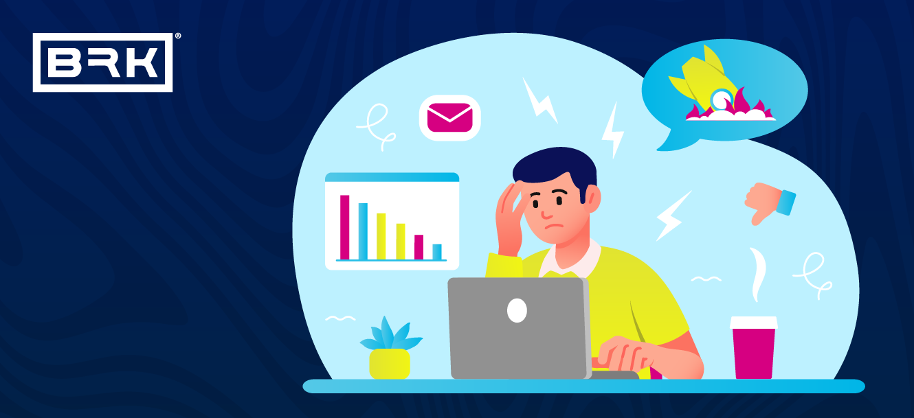 Illustration of a man looking stressed at a laptop