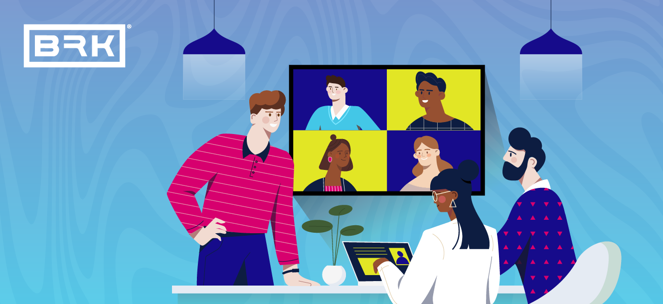 Illustration of a man making a pitch in a meeting, with remote viewers on the screen behind him.