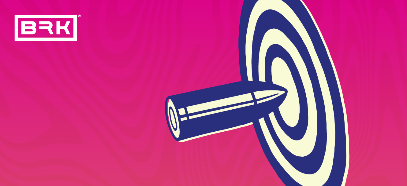 Illustration of a bullet hitting the center of a target, with the logo "BRK" in the top left corner against a pink background.