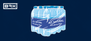 A pack of bottled water with "ALL NATURAL Pure Spring Water" label and BRK logo in the upper-left corner.