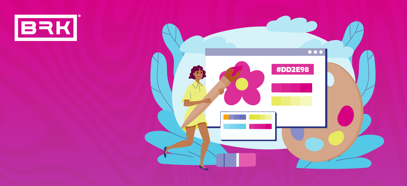 Illustration of a person painting in front of a colorful palette and digital screen with color codes, on a vibrant pink background.