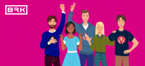 A diverse group of five animated people happily posing together against a pink background with the "BRK" logo.