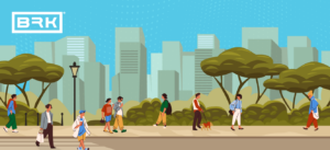 Illustration of people walking in a park with trees and a city skyline in the background under a bright blue sky.