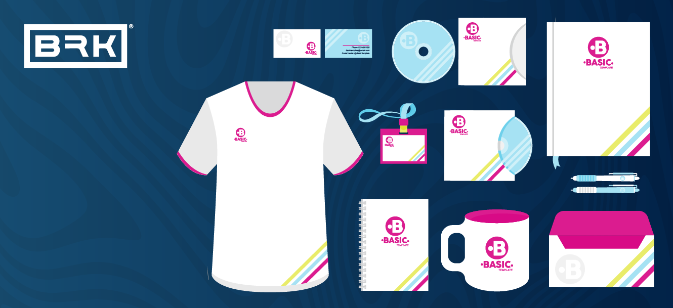 Assorted promotional items with "B Basic" brand logo: T-shirt, mug, notebook, pens, ID badge, and envelopes on a blue background.