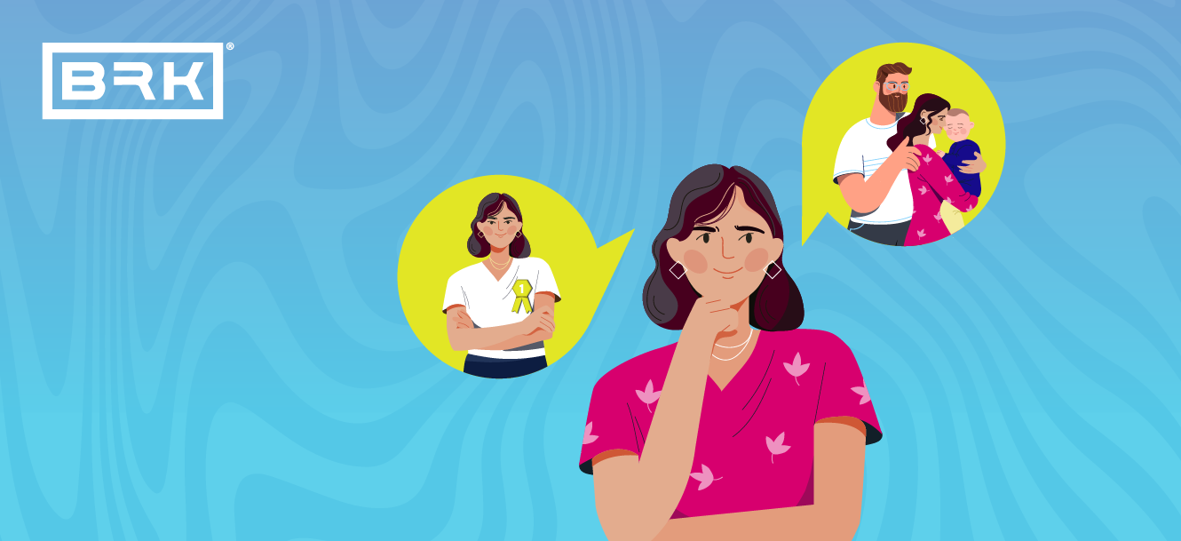 A woman in a pink shirt ponders, with thought bubbles showing a woman eating and a family with a child. BRK logo in corner.