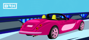 A pink convertible car is shown driving on a bridge with a blue BRK logo in the top left corner.