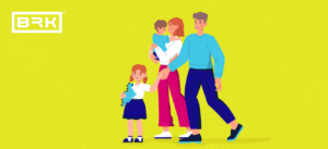 Illustration of a smiling family of four on a yellow background with a "BRK" logo in the top left corner.