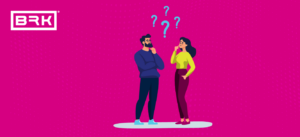 Illustration of a thoughtful man and woman with question marks above their heads on a pink background.