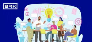 Illustration of a diverse team brainstorming at a table with speech bubbles and a lightbulb symbolizing ideas.