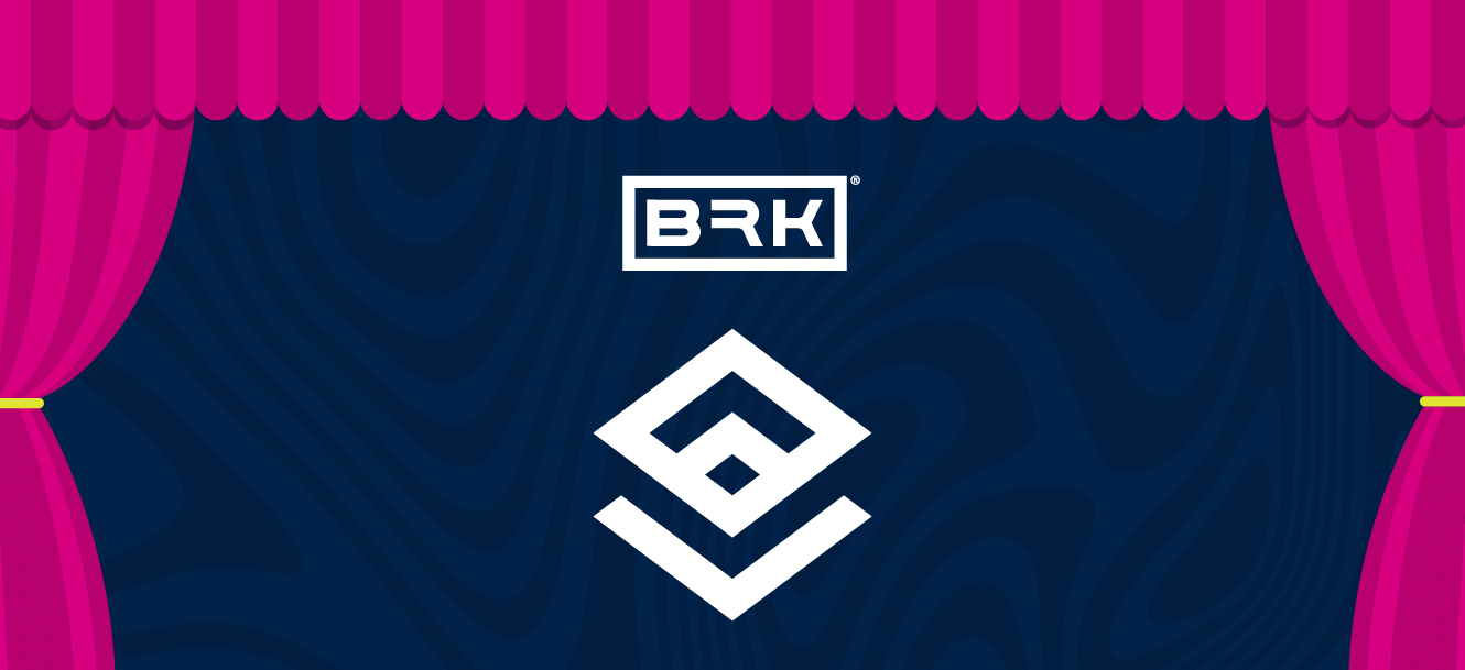 Two pink curtains framing a blue background with a diamond and "BRK" logo in white.