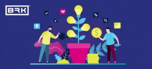 Illustration of two people nurturing a plant with lightbulbs, symbolizing growth and innovation, with icons around them.