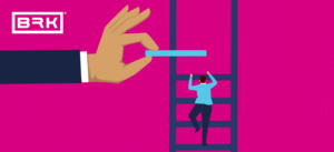 Illustration of a person climbing a ladder with a giant hand adding a step, on a pink background with BRK logo.