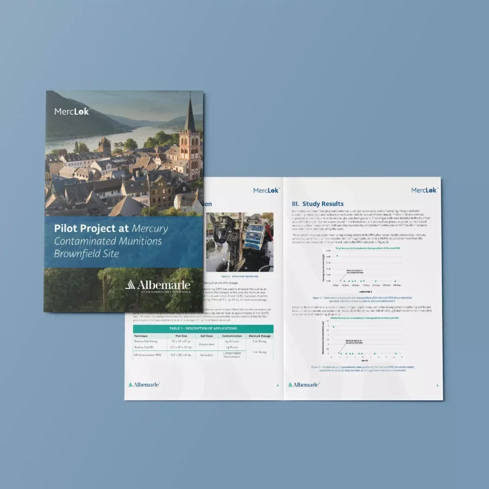 Three brochures with text and images, including a town landscape and study results, on a blue background.