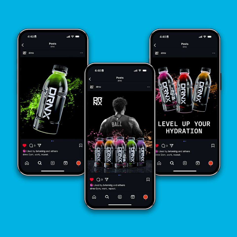 Three smartphones display colorful DRNX drink ads on Instagram against a bright blue background.