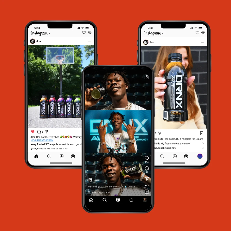 Three smartphones display Instagram posts promoting DRNX energy drinks, with people holding the drinks.
