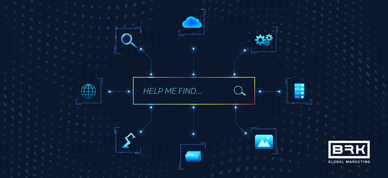 Search bar with "HELP ME FIND..." at center, surrounded by various tech and internet-related icons on a dark background.