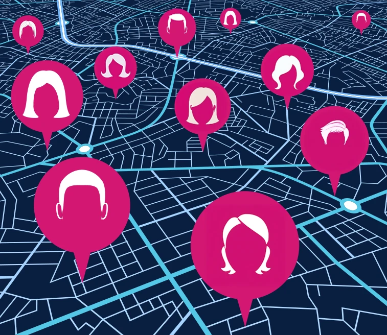 Illustration of a city map with location pins showing silhouettes of people's heads in pink circles.