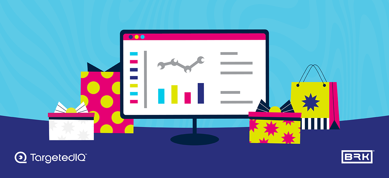 A computer monitor with charts, surrounded by colorful gift bags and boxes on a blue background.