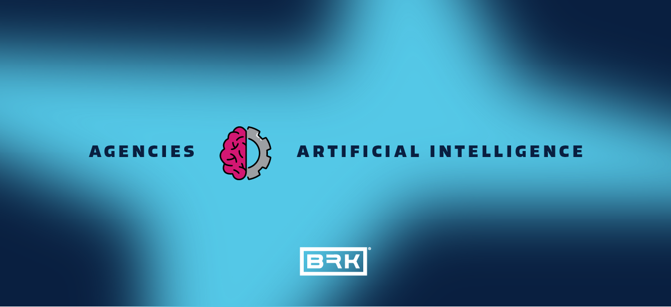 Blue background with a brain and gear icon between the words "Agencies" and "Artificial Intelligence.