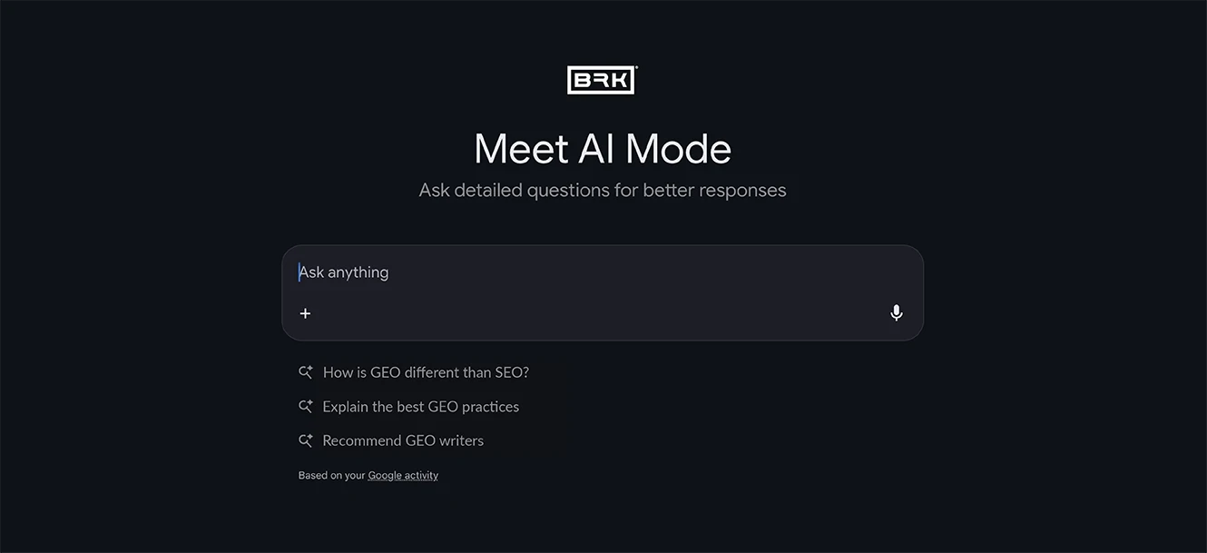 Dark interface with "Meet AI Mode" text, a search bar, and suggested questions about GEO and SEO practices.