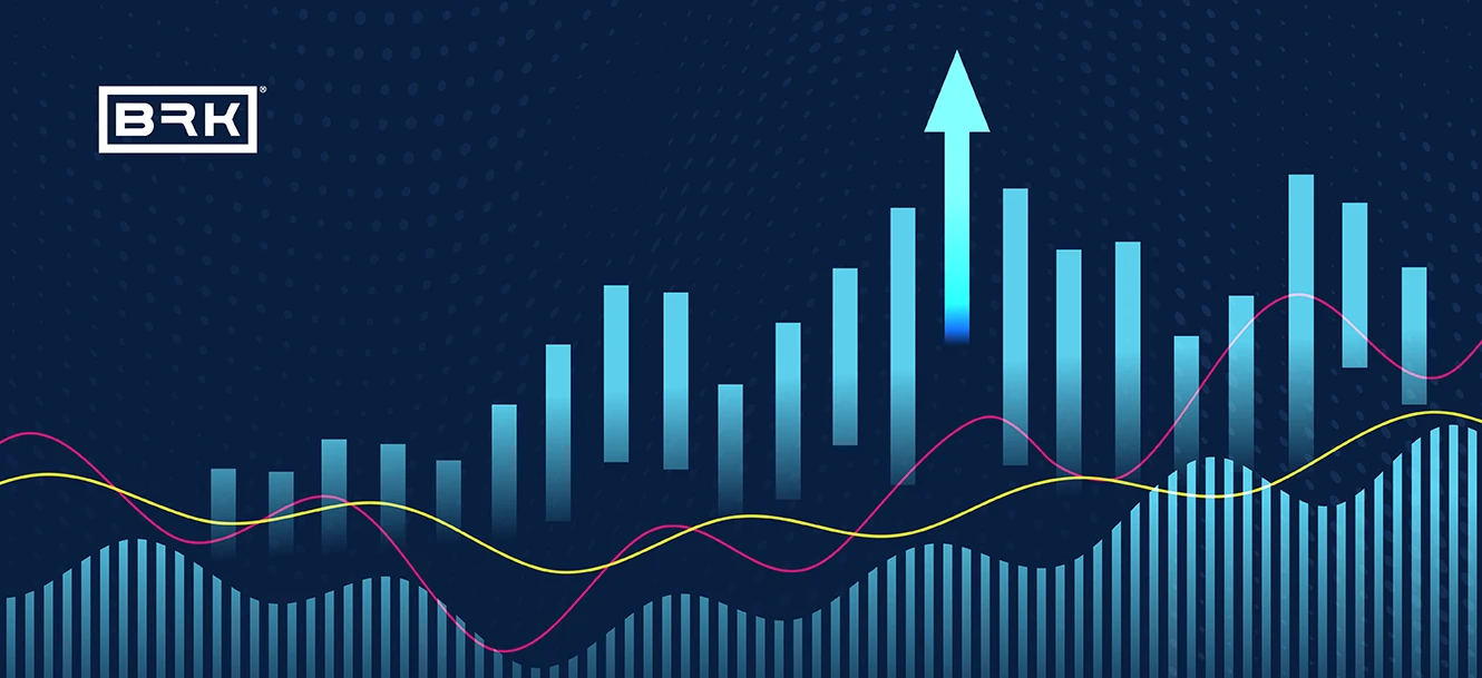 A digital bar chart with rising bars, an upward arrow, and colorful trend lines, labeled "BRK" in the corner.