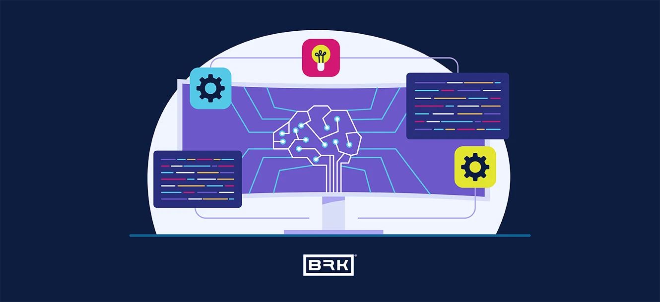 Illustration of a computer screen with a brain graphic, code blocks, and gear icons representing AI technology.
