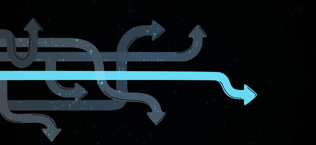 Multiple dark arrows diverge while one bright blue arrow moves straight ahead on a black, starry background.