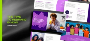 Digital mockup displaying rebranding guidelines with purple-themed pages, images of diverse people, and the text “THE TIME TO REBRAND IS NOW” on a black gradient background.
