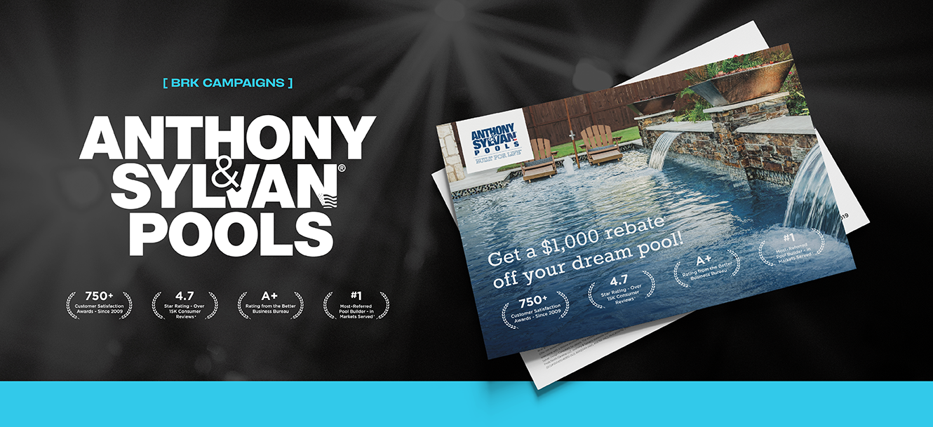 Promotional image for Anthony & Sylvan Pools showing a backyard pool with a rebate offer and highlighting customer ratings, awards, and accreditations.