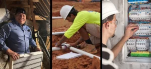 Three workers performing different tasks: one holds an air filter indoors, one installs pipes outdoors, and one adjusts electrical panels wearing a hard hat.