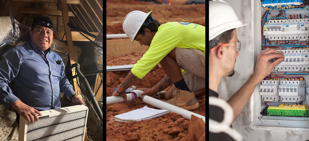 Three workers performing different tasks: one holds an air filter indoors, one installs pipes outdoors, and one adjusts electrical panels wearing a hard hat.